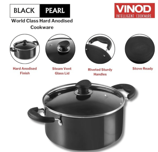 Vinod Black Pearl Hard Anodised Saucepot with Glass Lid 8.6 litres Capacity (28 cm Diamater) with Riveted Sturdy Handles - 3.25 mm Thickness, Black (Gas Stove Compatible) - Image 2